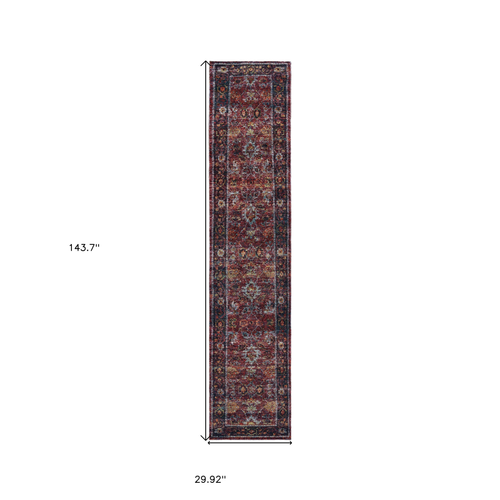 12' Red Purple And Gold Oriental Runner Rug