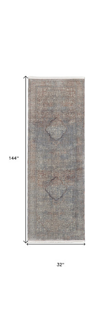 12' Blue Red And Gray Floral Power Loom Runner Rug