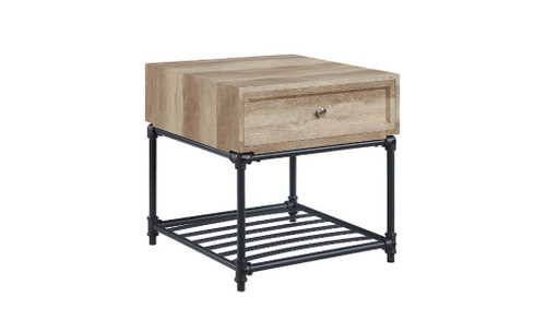 Homeroots Living Room 22" Square End Table with Drawer and Shelf, Sandy Black and Oak