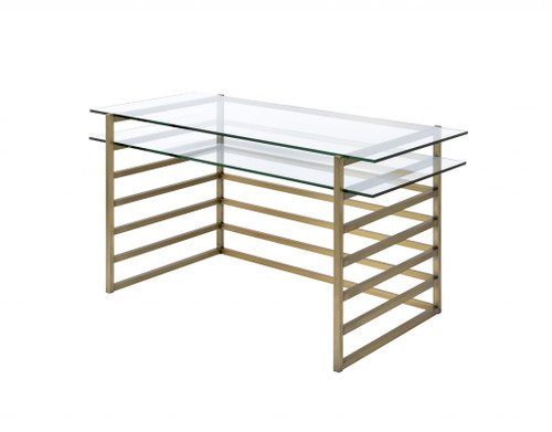 Homeroots 28" x 56" x 31" Office Antique Gold Clear Glass Metal Desk