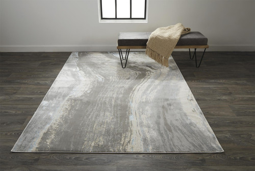 7' X 10' Gray Ivory And Blue Abstract Stain Resistant Area Rug