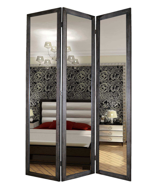 Homeroots Home Decor Black Glass & Wood Mirror Screen, Black Finish, 3 Panel