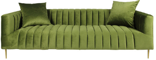 Homeroots Living Room 90" Moss Green Velvet and Gold Sofa with Two Toss Pillows
