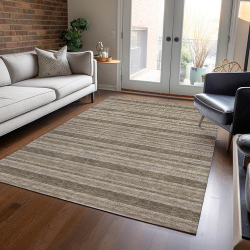 9' X 12' Taupe Striped Washable Indoor Outdoor Area Rug