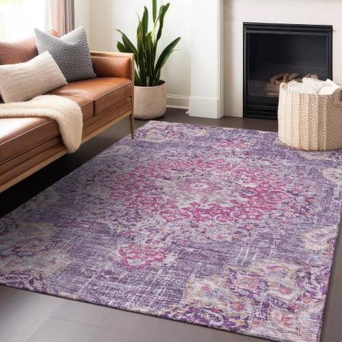 10' X 14' Purple Floral Medallion Washable Indoor Outdoor Area Rug