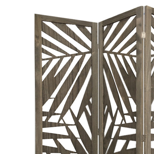 Homeroots Home Decor 3 Panel Grey Room Divider, Grey Fabric, Tropical Leaf Design