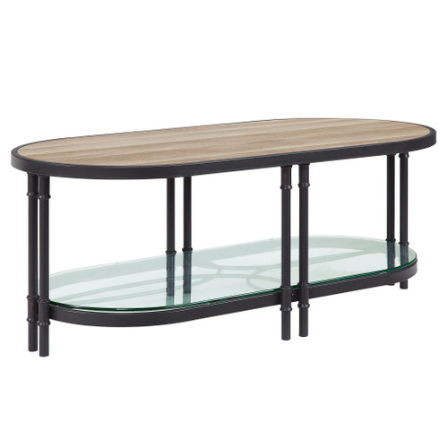 Homeroots Living Room 47" Sandy Black and Oak Oval Coffee Table with Shelf