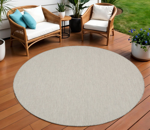 10' Ivory And Gray Round Geometric Indoor Outdoor Area Rug