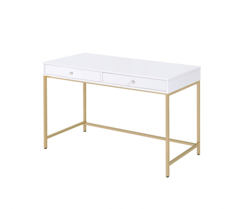 homeroots office Sleek and Glossy White and Gold Office Desk, White and Gold Finish, Contemporary Design