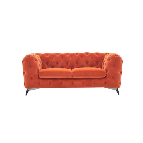 Homeroots Living Room 74" Orange Tufted Velvet Chesterfield Love Seat with Black Legs