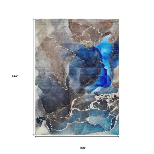 9' X 12' Blue Abstract Washable Non Skid Indoor Outdoor Area Rug
