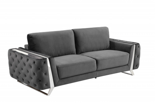 Homeroots Living Room 90" Dark Gray Velvet and Chrome Stainless Steel Standard Sofa
