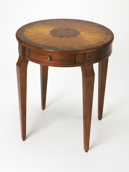 Homeroots Living Room 24" Medium Brown and Olive Ash Manufactured Wood Round End Table, With Drawer