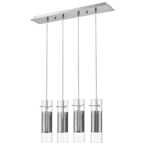Homeroots Lighting Scope 4-Light Pendant, Brushed Nickel Finish, Double Glass and Mesh Shades