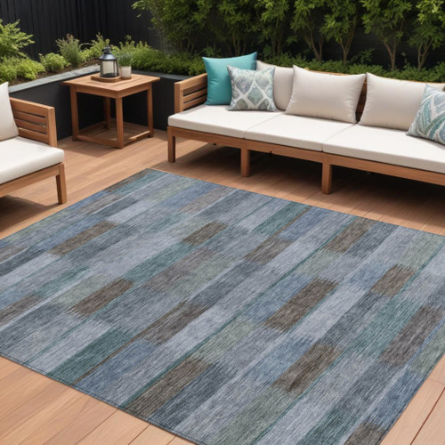 10' X 14' Blue Denim Blue And Brown Striped Washable Indoor Outdoor Area Rug