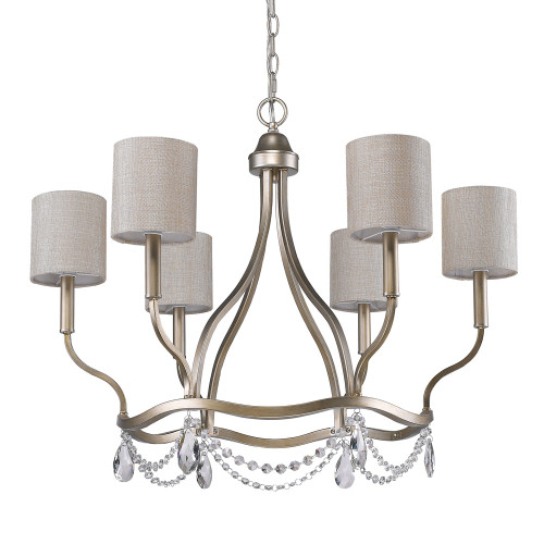 Homeroots Lighting Margaret 6-Light Washed Gold Chandelier with Fabric Shades and Crystal Accents