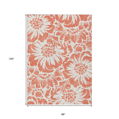 8' X 10' Salmon and Ivory Floral Washable Non Skid Indoor Outdoor Area Rug