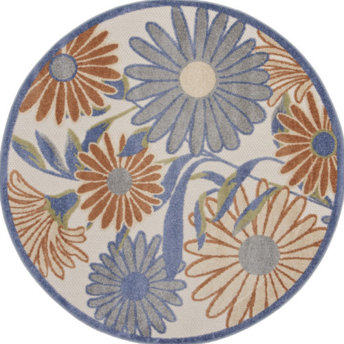 5' Beige Round Floral Indoor Outdoor Area Rug