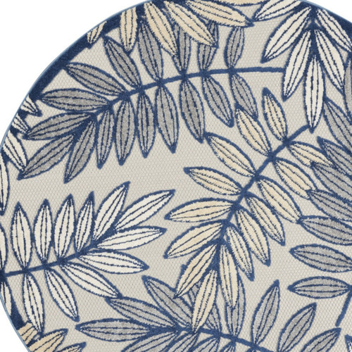 4' Navy Blue And Ivory Round Botanical Leaves Indoor Outdoor Area Rug