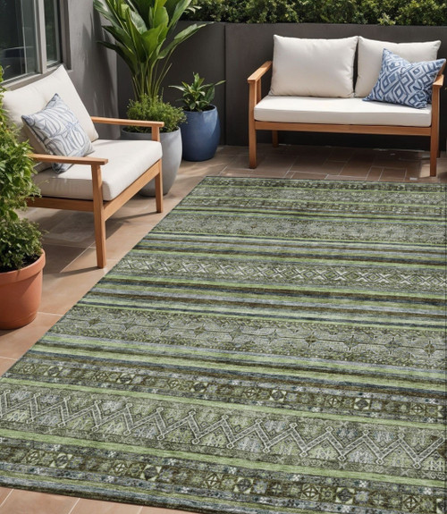 5' X 8' Olive Green Gray And Fern Green Southwestern Washable Indoor Outdoor Area Rug