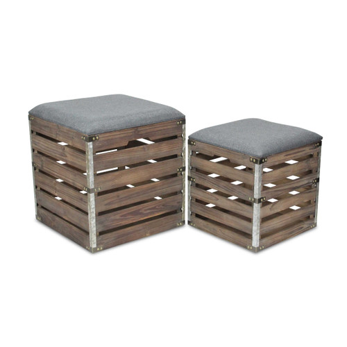 Homeroots Living Room Set of 2 Square Gray Linen Fabric and Wood Slats Storage Benches, Gray, Set of 2