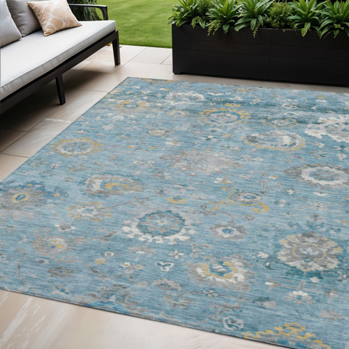 5' X 8' Teal Blue And Aqua Floral Washable Indoor Outdoor Area Rug