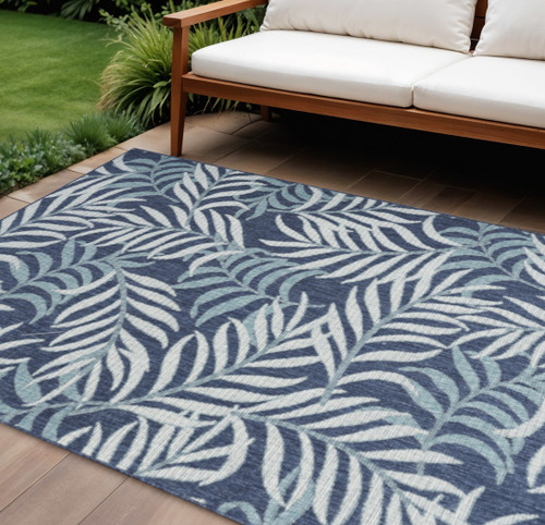 8' X 10' Navy Blue Sky Blue And Ivory Palm Leaf Indoor Outdoor Area Rug