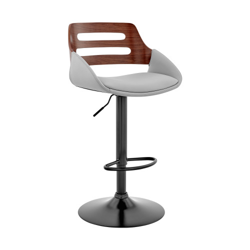 Homeroots Living Room Gray Faux Leather and Walnut Wood Adjustable Bar Stool