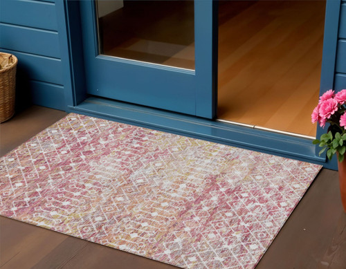 3' X 5' Pink And Ivory Argyle Washable Indoor Outdoor Area Rug