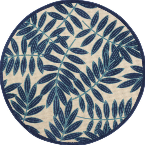 4' Navy Blue And Ivory Round Botanical Leaves Indoor Outdoor Area Rug
