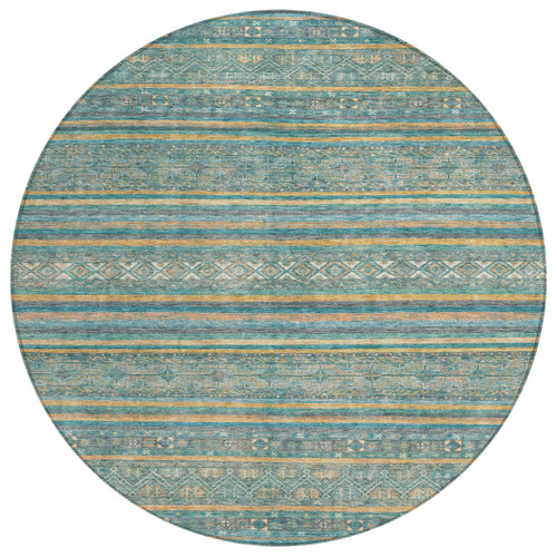 8' Teal Blue Gold And Taupe Round Southwestern Washable Indoor Outdoor Area Rug