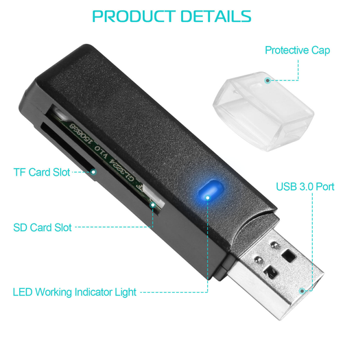 USB 3.0 Card Reader Dual Slot Memory Card Adapter TF SD MMC UHS-I Cards