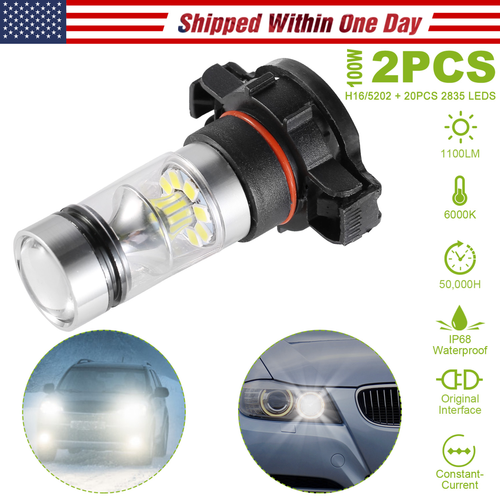2PCS 1100LM 100W 5202 H16 LED Fog DRL Light Bulb