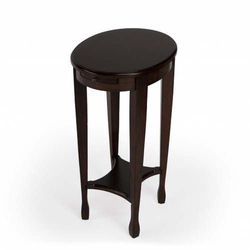 Homeroots Living Room 26" Medium Brown and Chestnut Burl Manufactured Wood Oval End Table with Shelf