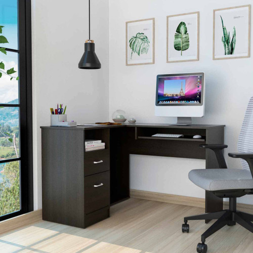 Homeroots Office Thorpe Black L-Shaped Computer Desk, Black Finish