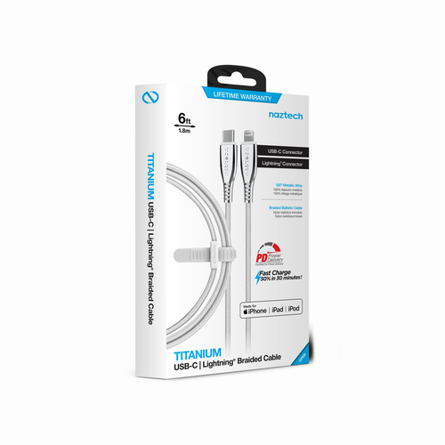 Naztech Titanium USB-C to Lightning Braided Cable 6ft White (15498-HYP)