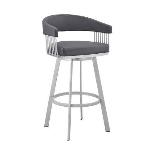 Homeroots Living Room 30" Mod Slate Grey Faux Leather Silver Finish Swivel Bar Stool, Slate Grey