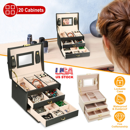 Jewelry Case Organizer 3-layer Lockable Travel Jewelry Box 