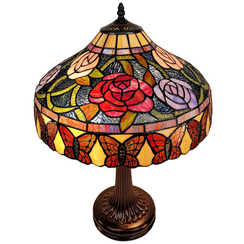 Homeroots Lighting 24" Stained Glass Red Roses Accent Table Lamp, Stained Glass, Red Roses