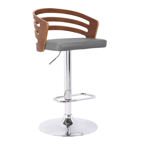 Homeroots Living Room Gray Faux Leather Walnut Wood and Chrome Adjustable Swivel Bar Stool
