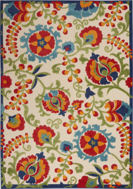 5' X 8' Green And Ivory Floral Indoor Outdoor Area Rug