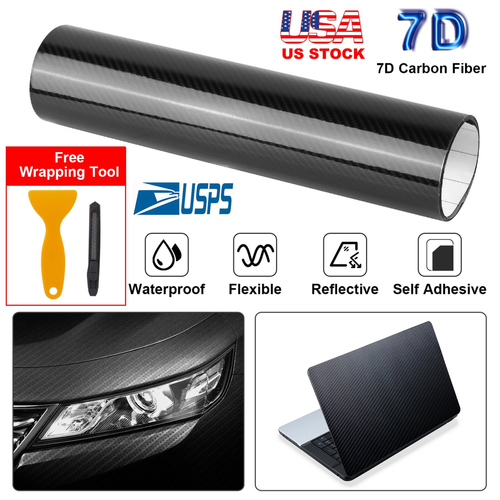 Black 7D Carbon Fiber Car Wrap High Gloss Vinyl Wrap Film Roll Bubble 