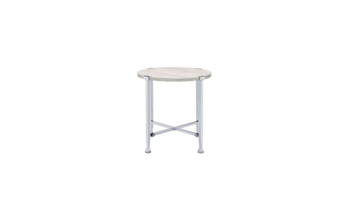Homeroots Living Room 24" Round End Table, Chrome and White Oak with Metal