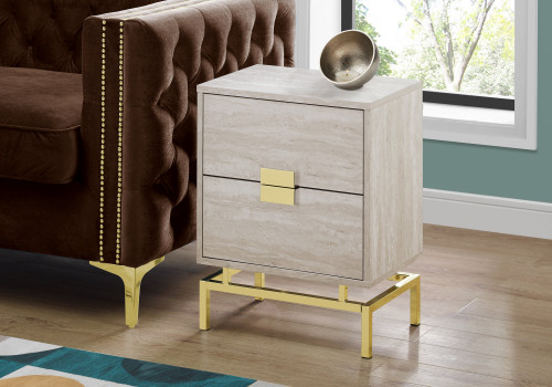 Homeroots Living Room 23.5" Beige Marble Particle Board and Gold Metal Accent Table, Beige, Particle Board and Gold Metal