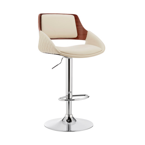 Homeroots Living Room Adjustable Chrome Swivel Bar Stool, Cream Faux Leather