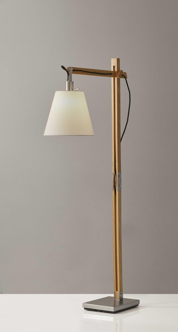 Homeroots Lighting Natural Wood Floor Lamp, Adjustable Hinged Arm, Satin Steel Base