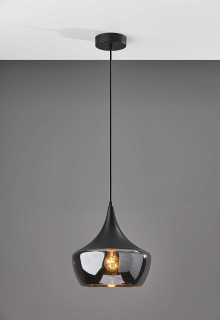 Homeroots Lighting Gnome Smoked Glass Black Metal Pendant Lamp, Black, Smoked Glass