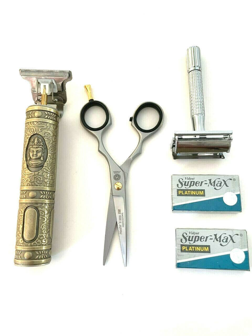  Men's Hair Trimmer T-liner Shaving Rechargeable + Shears Old Fashion Safety Razors Blades