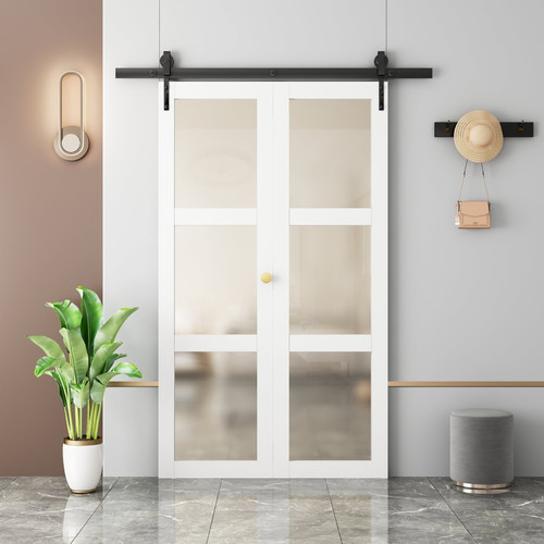 Set Of Two 84" White Glass Bi-Fold Door