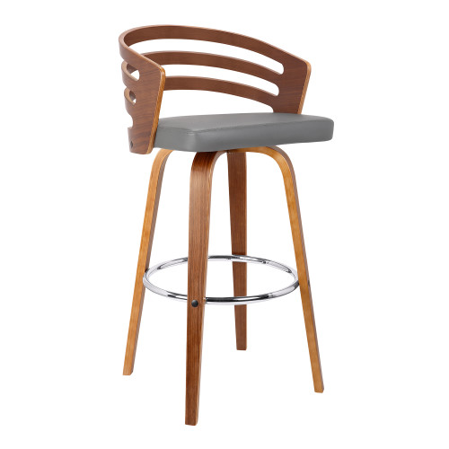 Homeroots Living Room 30" Gray Modern Faux Leather & Walnut Wood Swivel Bar Stool